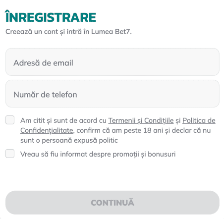 Înregistrare Bet7 casino